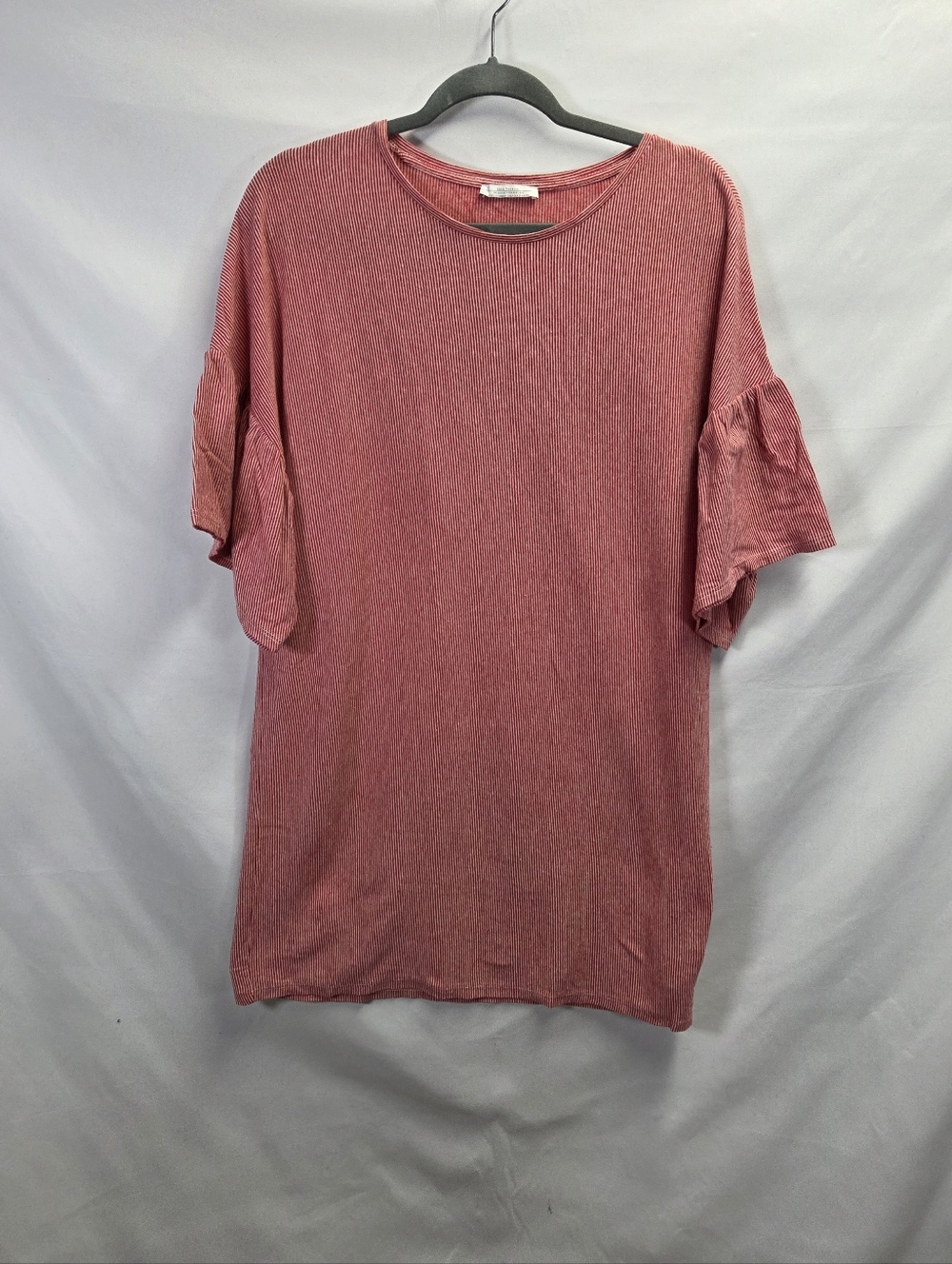 Zara T-Shirt Dress Women’s Med Red White Ruffle Sleeve Pinstripe Tunic Casual
